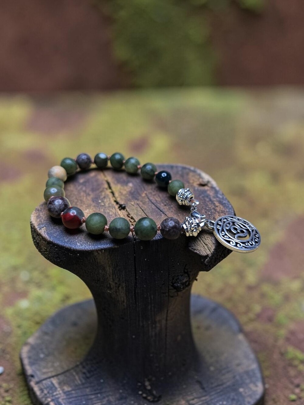 Green Multicolor Bead Bracelet with Silver Charm - Unbranded
